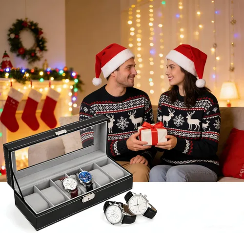 Miniatura 3 de NEX Caja de reloj organizador para hombres, de piel sintética superior de cristal para el almacenamiento de relojes