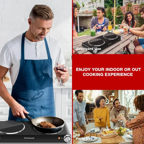Miniatura 2 de Placa caliente, Techwood 1800W de doble quemador eléctrico, estufa de encimera de doble quemador para cocinar, placas calientes de cerámica Negro