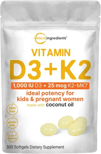 Micro Ingredients Vitamina D3 1,000 UI + K2 MK-7 25 mcg, 300 cápsulas blandas | Aceite de coco virgen | Apoyo óseo, inmune y para el corazón 2 en 1