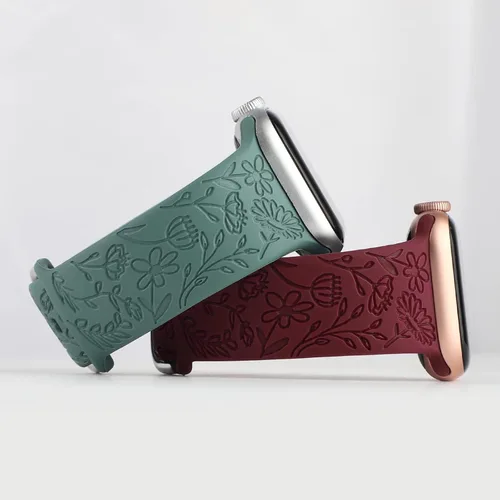 Miniatura 2 de Paquete de 2 correas deportivas grabadas con flores compatibles con correas de Apple Watch de 1.496 pulgadas, 1.575 pulgadas, 1.614 pulgadas, Vino
