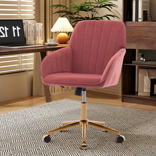 Silla de oficina en casa, silla giratoria de terciopelo para escritorio, sillón tapizado moderno con base dorada para niñas y mujeres, asiento de
