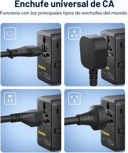 Miniatura 7 de Baseus Adaptador de viaje universal de 70 W, adaptador de enchufe internacional 6 en 1 con cable retráctil, cargador de pared USB-C PD de carga Negro