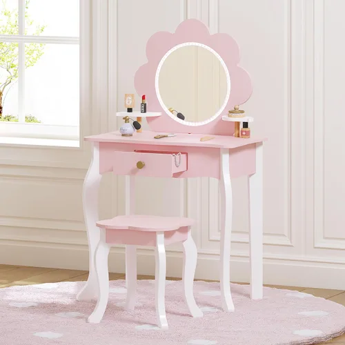 Miniatura 10 de Spirich Vanidad para niños, juego de tocador para niñas con espejo, taburete y luces, juego de mesa y silla de tocador para niños, mesa de tocador