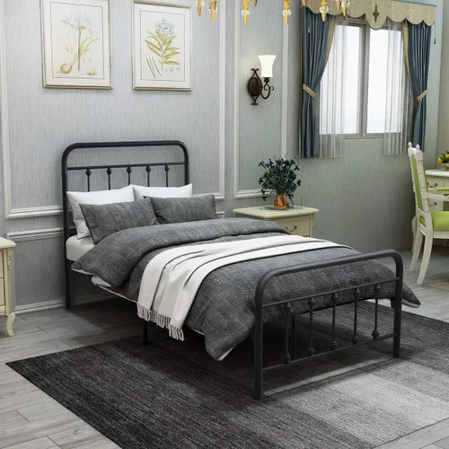 Miniatura 7 de Majnesvon Base de cama de plataforma de metal, base de cama de metal con cabecera y estribo, base de colchón, no necesita somier, fácil montaje