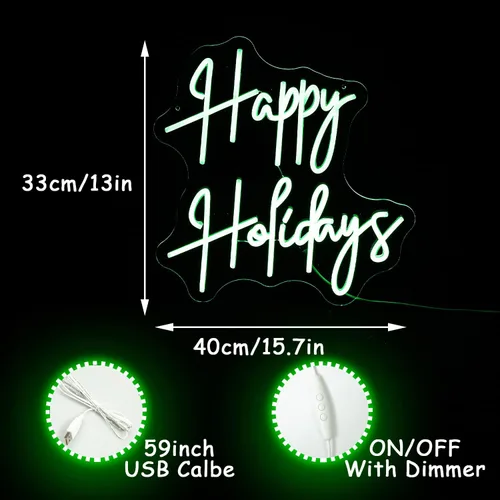 Miniatura 3 de Letrero de neón con texto en inglés "Happy Holidays", regulable, luz de neón LED verde, alimentada por USB, para dormitorio universitario