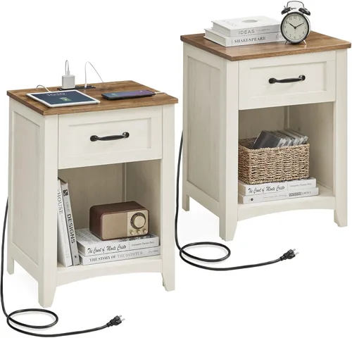 Miniatura 16 de VASAGLE Colección LIRY - Mesita de noche de estilo granja con estación de carga, mesita de noche, mesa auxiliar con 3 cajones, para dormitorio