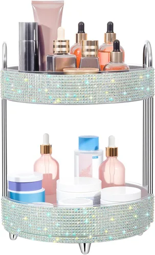 Miniatura 14 de Honeydak - Organizador de perfume giratorio de 360 grados, regalo para mujeres, organizador de cuidado de la piel con diamantes de imitación