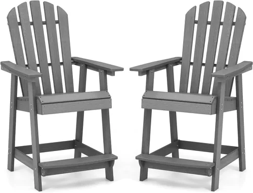 Miniatura 15 de Tangkula Taburete de bar para exteriores, silla Adirondack alta de polietileno de alta densidad con reposabrazos y reposapiés, resistente a la Marrón