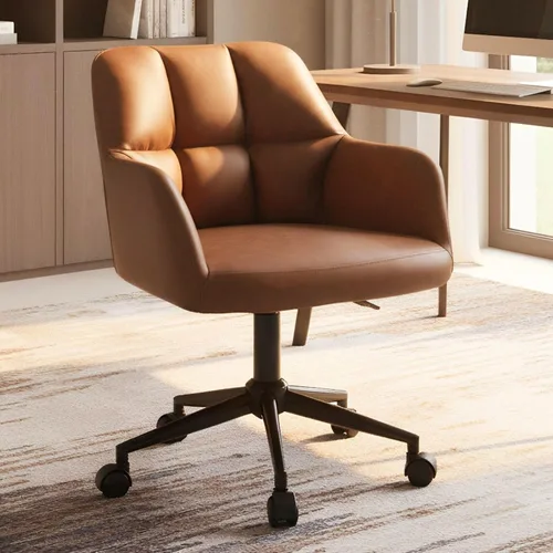 VESCASA Silla de escritorio marrón para oficina en casa con ruedas, silla de escritorio giratoria de piel sintética, sillón tapizado ajustable para