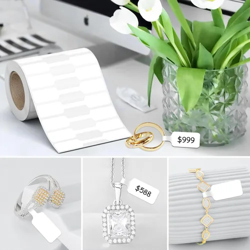 Miniatura 5 de 1000 etiquetas de precio de joyería, rollo para etiquetas de exhibición de collares, anillos, etiquetas de identificación autoadhesivas en blanco