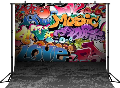 Miniatura 10 de Telones de fondo de fotografía de graffiti de 5 x 3 pies, colorido hip hop urbano temática sesión de fotos de regreso a la fiesta temática