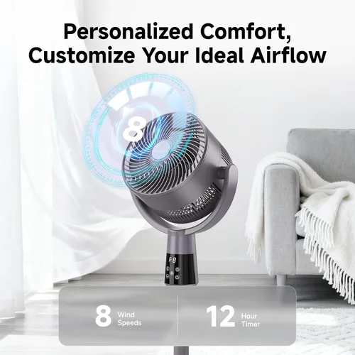 Miniatura 4 de Ventilador de pedestal oscilante, ventilador de pie ultra silencioso de 25 dB con 8 velocidades, temporizador de 12 horas, circulación de aire