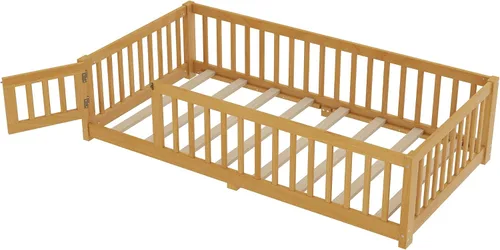 Miniatura 5 de SOFTSEA Montessori - Cama con puerta y barandillas, marco de cama baja de madera maciza con valla, no necesita somier, natural