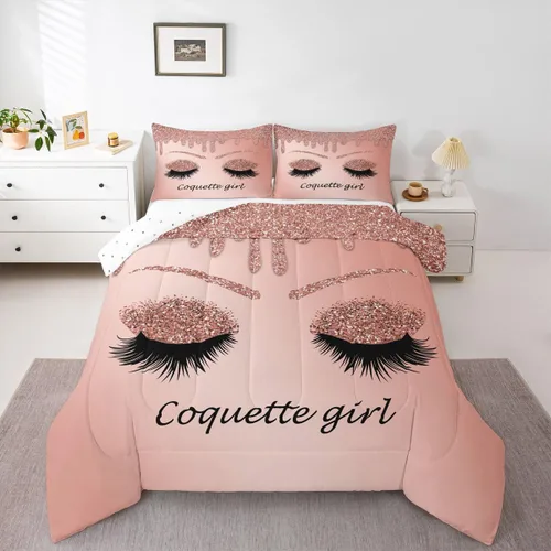 Erosebridal Juego de edredón de pestañas, juego de ropa de cama de maquillaje femenino para niñas y mujeres, decoración de dormitorio de oro rosa,