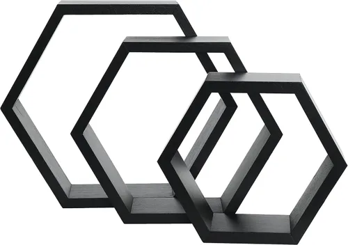 Miniatura 9 de PHOENANCEE - Estantes flotantes hexagonales, juego de 3 estantes de nido de abeja, estantes de pared de madera estilo granja para almacenamiento