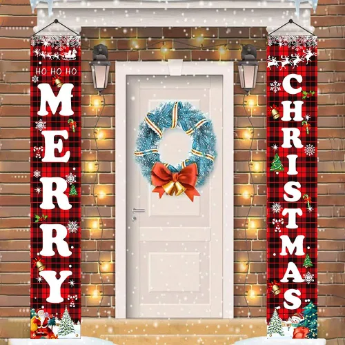 Miniatura 3 de Decoraciones de Navidad, juego de letreros a cuadros de búfalo rojo y negro para festival, cartel de puerta de Feliz Navidad, patio al aire libre