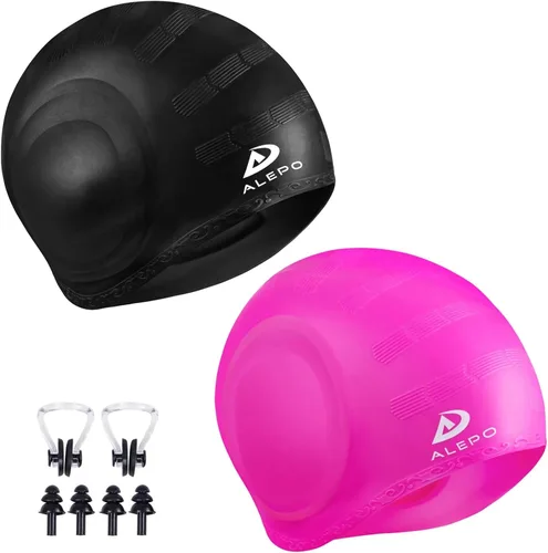Miniatura 13 de Alepo 2 Pack Unisex Swim Caps with 3D Ear Protection, Durable Flexible Silicone Swimming Hats for Women Men Kids Adults, Bathing Swimming Caps for