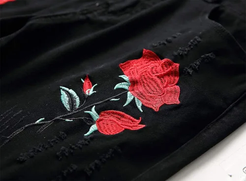 Miniatura 3 de Ylingjun - Pantalones vaqueros elásticos para hombre con bordado de rosa envejecido