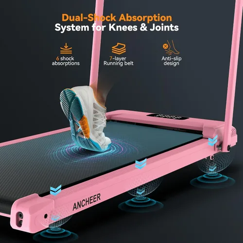Miniatura 6 de ANCHEER Cinta de correr con inclinación del 12%/15%, almohadilla plegable con barra de asa, capacidad de 320-450 libras debajo del escritorio, Rosa
