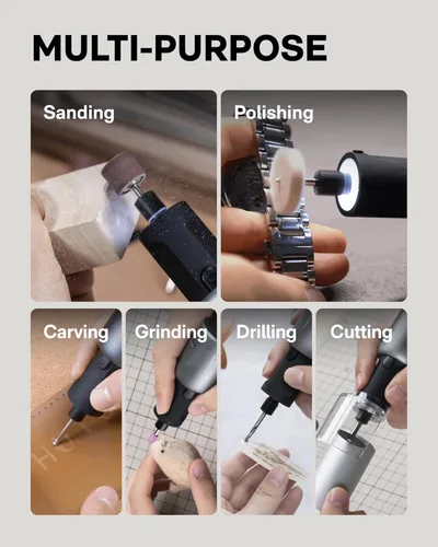 Miniatura 9 de HOTO Kit de herramientas rotativas inalámbricas 35 en 1, motor fuerte, 25000 rpm, bolígrafo de grabado potente de 5 velocidades variables, luz LED