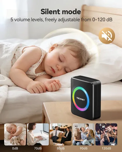 Miniatura 6 de TECKNET Timbre inalámbrico, timbre de puerta de 0 a 120 dB, rango de batería de 1300 pies, timbres de aula IP66 impermeables, 60 campanadas y 5