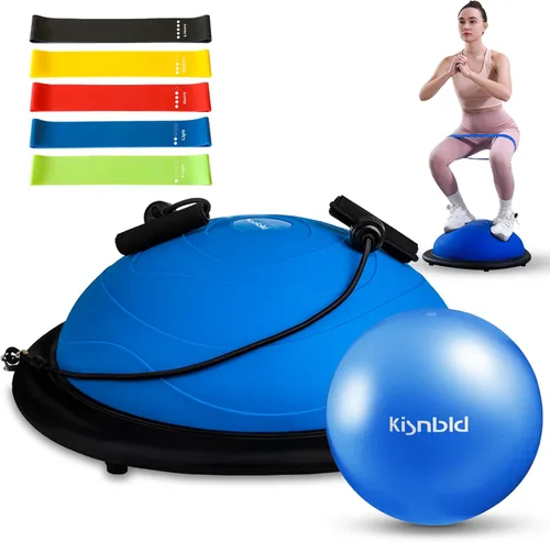 Miniatura 9 de kisnbld Entrenador de media pelota de equilibrio, pelota de ejercicio inflable de 19/23 pulgadas con bandas de resistencia y pelota de pilates