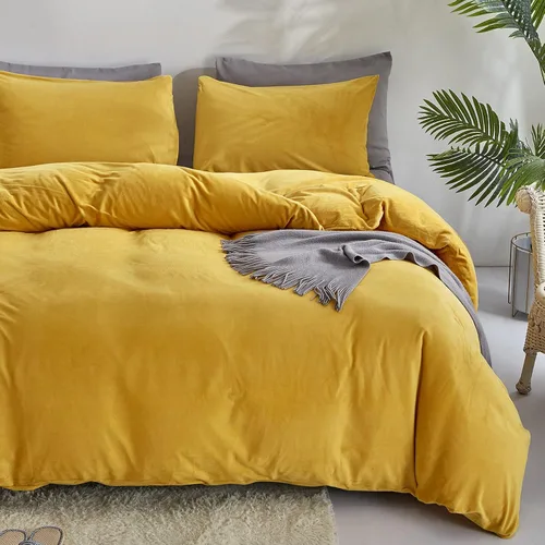 Miniatura 2 de Wellboo Juegos de Edredones de Terciopelo Amarillo Mostaza Tamaño King Sólido Esponjoso Ropa de Cama de Cúrcuma Edredones Lisos Amarillo Oscuro