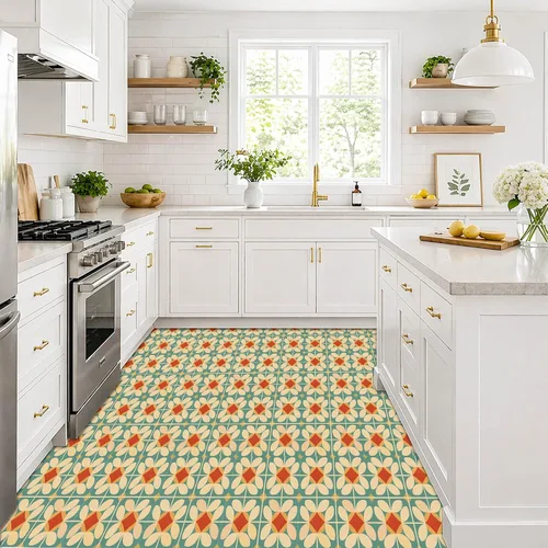 Miniatura 7 de IVN 10 PIEZAS 12x12 Pulgadas Azulejos de Piso con Patrón Floral Retro de Despegar y Pegar, Adhesivos Vinilo Desmontables y Autoadhesivos