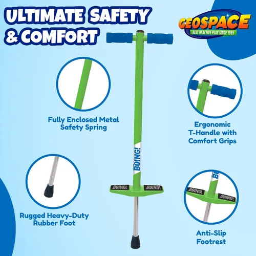Miniatura 5 de Geospace Jumparoo BOING! JR. Steel POGO STICK by Air Kicks, pequeño para niños de 50 a 90 libras, diversión activa al aire libre que promueve