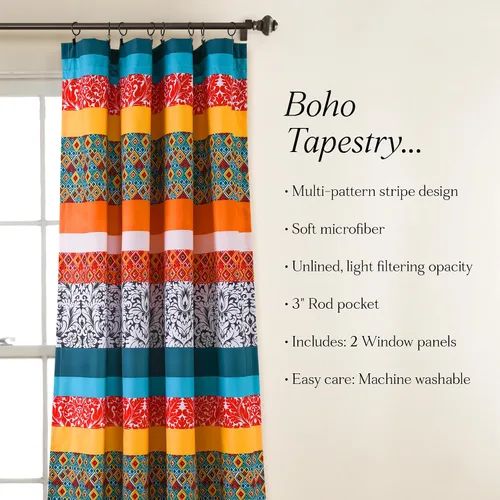 Miniatura 6 de Lush Decor Cortina bohemia a rayas para ventana, diseño floral bohemio, 52 pulgadas de ancho x 84 pulgadas de largo, turquesa y mandarina
