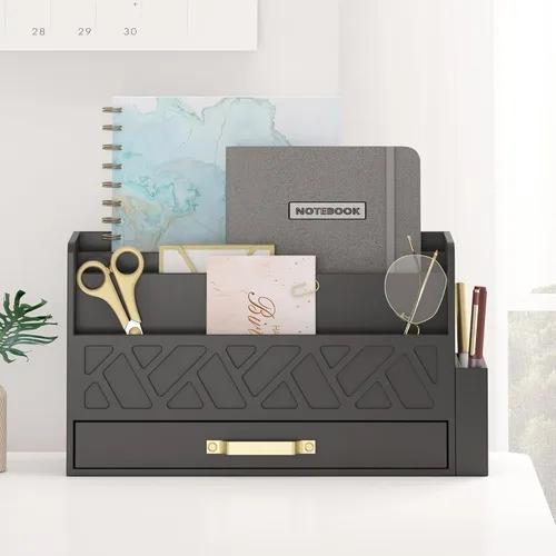 Wisuse Organizador de correo de escritorio con cajón - Caja organizadora de archivos y facturas de madera de bambú para escritorio, portacartas de