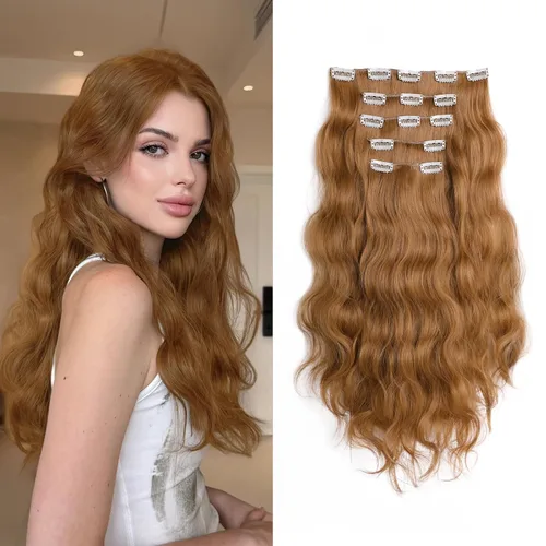 Miniatura 12 de Extensiones rubias onduladas con clip, de 18 pulgadas de largo, sintéticas, invisibles, gruesas, postizas, para mujeres, 5 piezas, rizadas, suaves