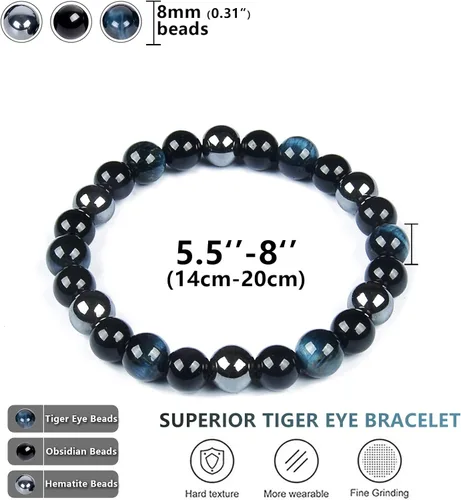 Miniatura 10 de SAMXY Triple Protection Bracelet, 8mm Healing Crystal Bead Bracelet, 3pcs Blue Red Tiger's Eye Obsidian Hematite Bracelet Women Men