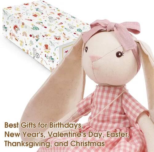 Miniatura 4 de Peluche de conejo de 15 pulgadas para niñas, muñeca de juguete de peluche con vestido rosa a cuadros, bonito juego de muñeca para vestir para niñas
