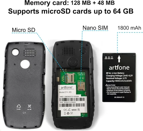 Miniatura 7 de artfone C1+ 4G - Teléfono celular con botón grande Volte desbloqueado para personas mayores, teléfono móvil básico para el botón SOS de personas