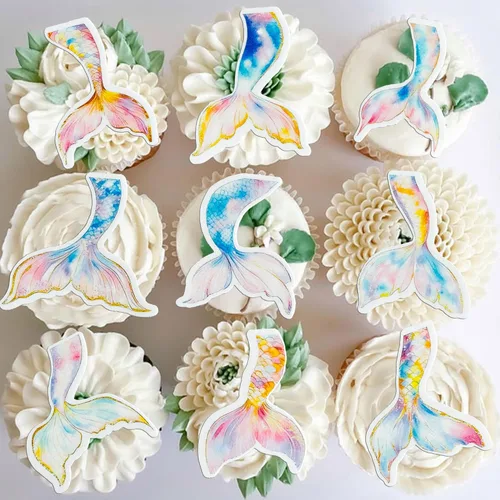Miniatura 12 de Gyufise 1 pieza de decoración de pastel de sirena de feliz cumpleaños con purpurina de animales del océano, conchas marinas, cola de sirena