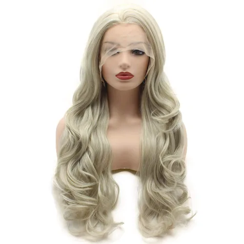 Peluca de cabello ondulado largo de 26 pulgadas, dos tonos, mezcla de rubio blanco, resistente al calor, densidad pesada, realista, peluca de encaje