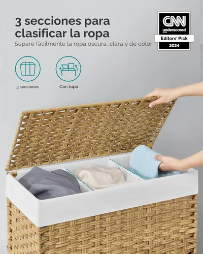 Miniatura 3 de SONGMICS Cesta de lavandería con tapa, 37 galones (140 L), canasta rodante para ropa con ruedas, 3 secciones de ratán sintético, forro extraíble