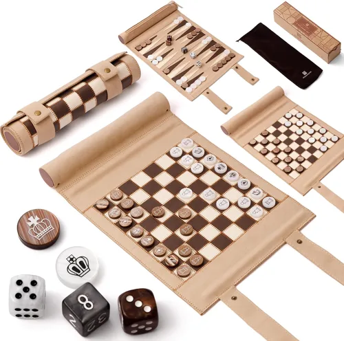 Miniatura 8 de Woodronic Juego de damas de backgammon de ajedrez de viaje 3 en 1, juego de backgammon de cuero enrollable con 32 piezas de perlas premium y 5 Marrón