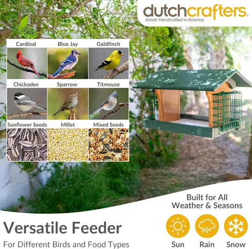 Miniatura 5 de DutchCrafters Comedero colgante de polietileno para pájaros con dos jaulas de soporte para tartas de sebo; alimentador de pájaros duradero