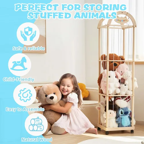 Miniatura 2 de Organizador grande de almacenamiento de animales de peluche, 61 pulgadas de alto de madera de alta calidad, lindo soporte para juguetes de zoológico