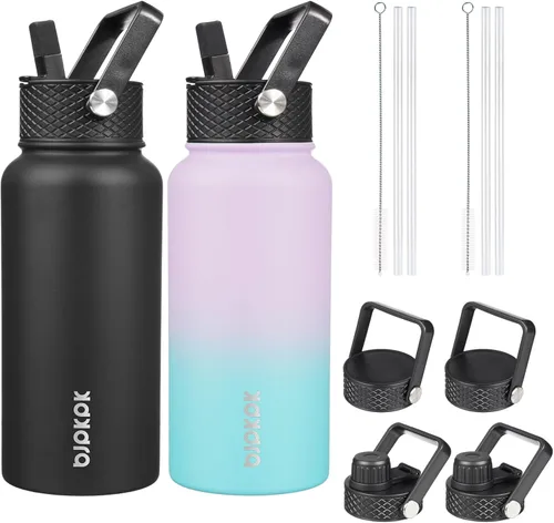 Miniatura 22 de BJPKPK Paquete de 2 botellas de agua aisladas con tapas con pajita, botella de agua de metal de acero inoxidable de 18oz con 6 tapas, jarras a