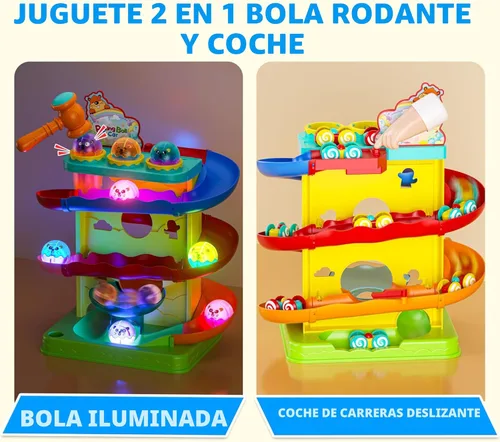 Miniatura 3 de Funwee 2 en 1 Juego de Bola Rodante y Rampa de Coches de Carreras para Niños Pequeños, Pista de Carreras con Martillo, Luces y Bolas que Caen, Juego