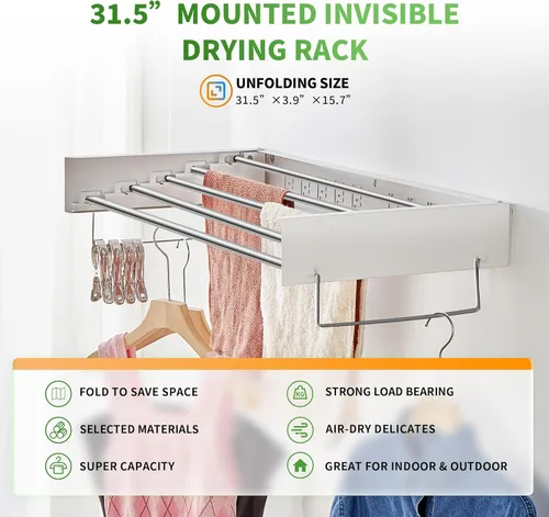 Miniatura 2 de Heshecein - Tendedero plegable para colgar en la pared, 5 varillas de acero inoxidable, estante plegable para ropa y toallas para interiores
