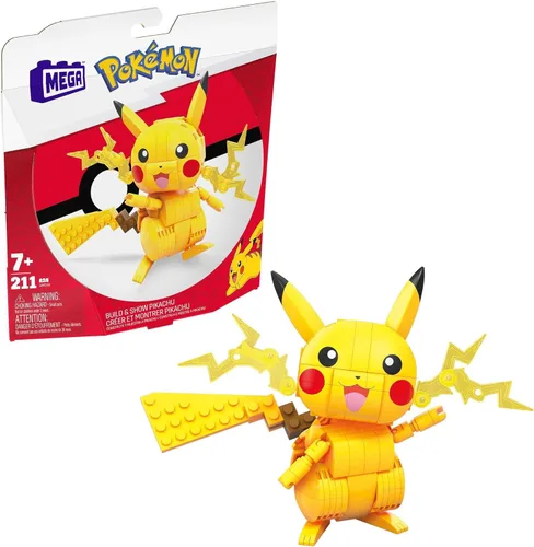 MEGA Juego de juguetes de construcción Pokémon Construye y muestra Pikachu con 205 piezas, articulado y posable, 4 pulgadas de alto, para niños