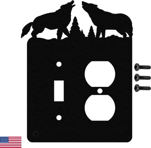 Interruptor de luz de palanca Howling Wolves y placa de pared dúplex individual (palanca individual con potencia, negro) - Fabricado en Estados