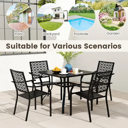 Miniatura 8 de Giantex Juego de 2 sillas apilables de comedor para patio, sillas de metal apilables para exteriores con reposabrazos, marco de acero reforzado