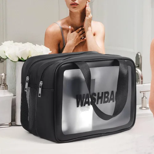 Miniatura 6 de Bolsa de lavado para mujeres y hombres, bolsa de aseo de viaje de gran capacidad con ventana translúcida mate y bolsillos húmedos/secos, organizador