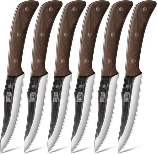 HOSHANHO Juego de 6 cuchillos para carne, ultra afilados de 4.5 pulgadas, no dentados, de acero de alto carbono, forjados a mano con mango de madera