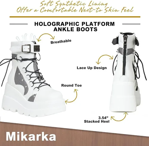 Miniatura 3 de mikarka Botas holográficas de plataforma para mujer, con cordones al tobillo, con hebilla, góticas, apiladas, de combate, botines de combate